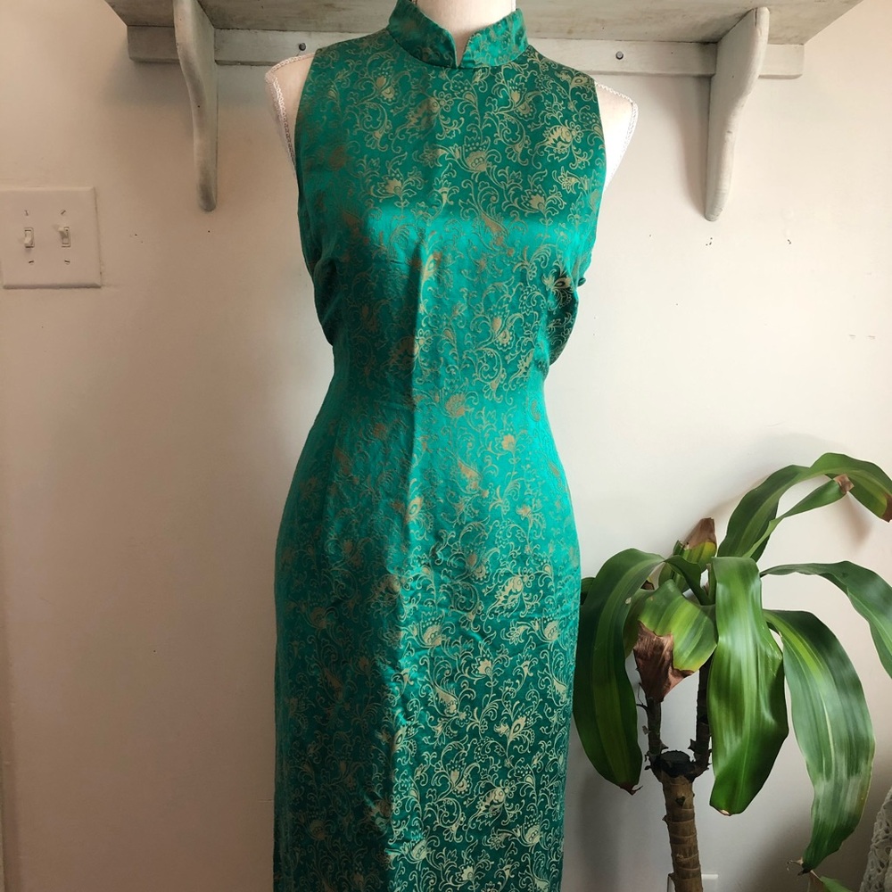 Emerald green and gold cheongsam dress
